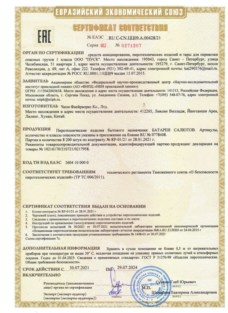 Сертификат на пиротехнику — Ижевск	